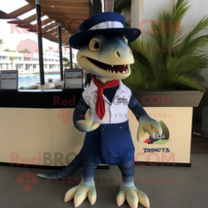 Navy Spinosaurus mascot costume character dressed with a Bikini and Pocket squares