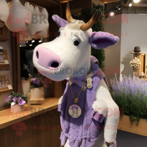 Lavender Hereford Cow mascot costume character dressed with a Henley Shirt and Earrings