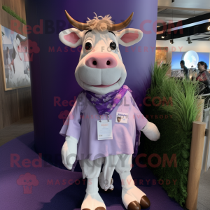 Lavender Hereford Cow mascot costume character dressed with a Henley Shirt and Earrings