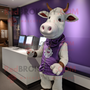 Lavender Hereford Cow mascot costume character dressed with a Henley Shirt and Earrings