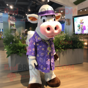 Lavender Hereford Cow mascot costume character dressed with a Henley Shirt and Earrings