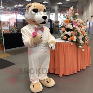 Peach Panther mascot costume character dressed with a Wedding Dress and Tie pins