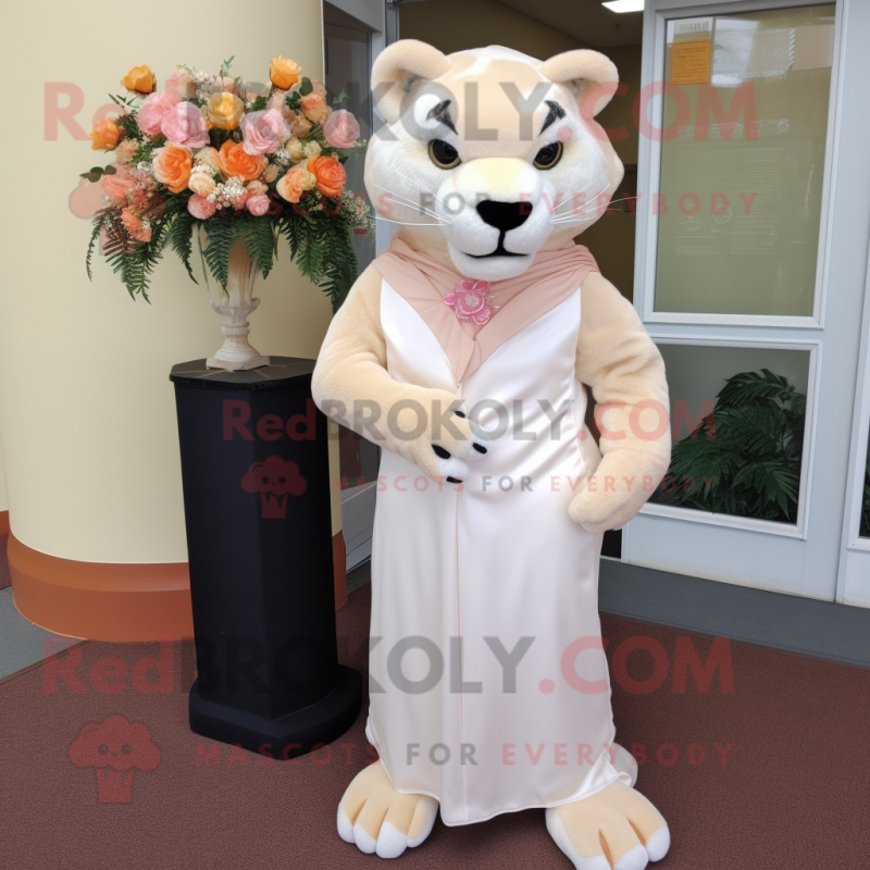 Peach Panther mascot costume character dressed with a Wedding Dress and Tie pins Peach Panther mascot costume character dressed with a Wedding Dress and Tie pins