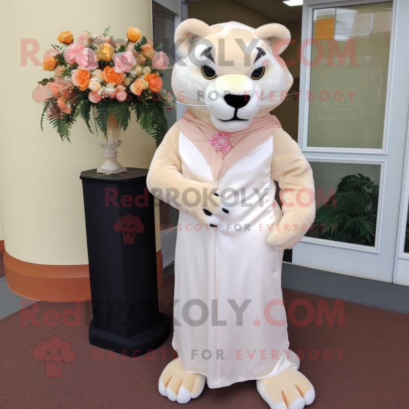 Peach Panther mascot costume character dressed with a Wedding Dress and Tie pins