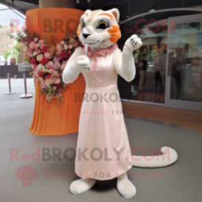 Peach Panther mascot costume character dressed with a Wedding Dress and Tie pins