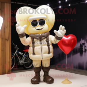 Cream Heart Shaped Balloons mascot costume character dressed with a Leather Jacket and Gloves