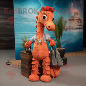 Rust Sea Horse mascot costume character dressed with a Flare Jeans and Handbags