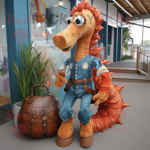 Rust Sea Horse mascot costume character dressed with a Flare Jeans and Handbags