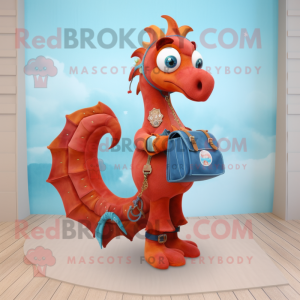 Rust Sea Horse mascot costume character dressed with a Flare Jeans and Handbags