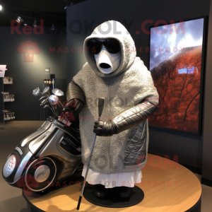 Silver Golf Bag mascot costume character dressed with a Leather Jacket and Shawl pins