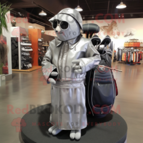 Silver Golf Bag mascot costume character dressed with a Leather Jacket and Shawl pins
