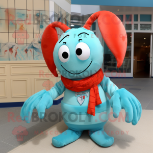 Cyan Lobster Bisque mascot costume character dressed with a Tank Top and Scarf clips