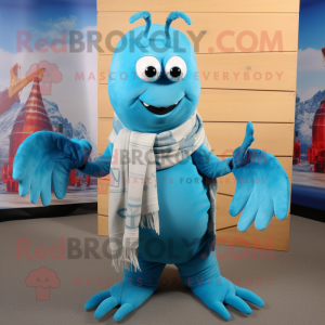 Cyan Lobster Bisque mascot costume character dressed with a Tank Top and Scarf clips