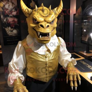 Gold Gargoyle mascot costume character dressed with a Blouse and Lapel pins