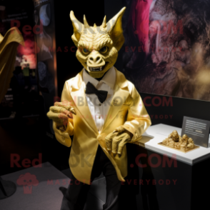 Gold Gargoyle mascot costume character dressed with a Blouse and Lapel pins