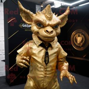 Gold Gargoyle mascot costume character dressed with a Blouse and Lapel pins
