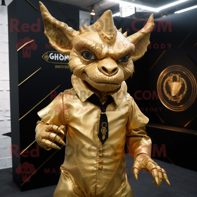 Gold Gargoyle mascot costume character dressed with a Blouse and Lapel pins Gold Gargoyle mascot costume character dressed with a Blouse and Lapel pins