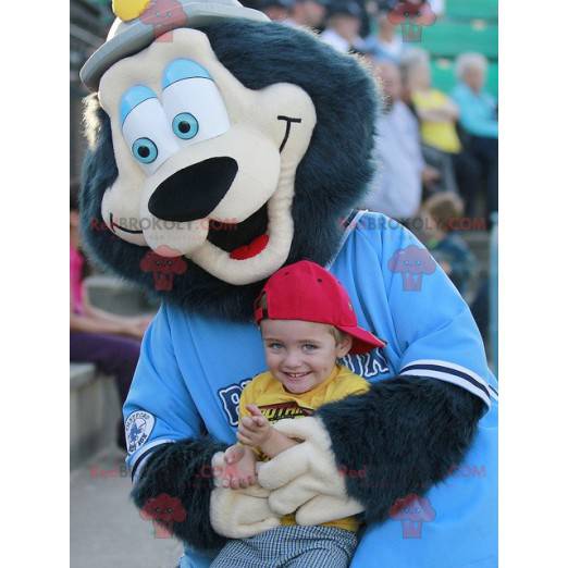 Mascotte d'ours noir tout poilu avec des yeux bleus -