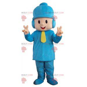 Mascotte del ragazzo in vestito blu con un berretto -