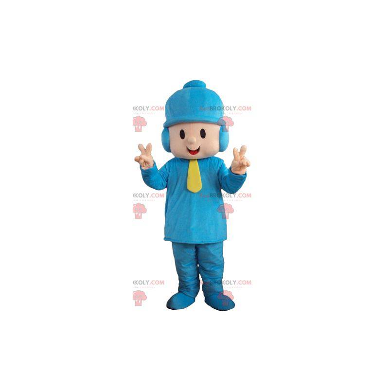 Drengemaskot i blåt tøj med hue - Redbrokoly.com