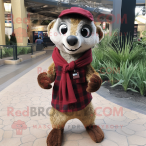 Maroon Meerkat mascot costume character dressed with a Flannel Shirt and Scarf clips