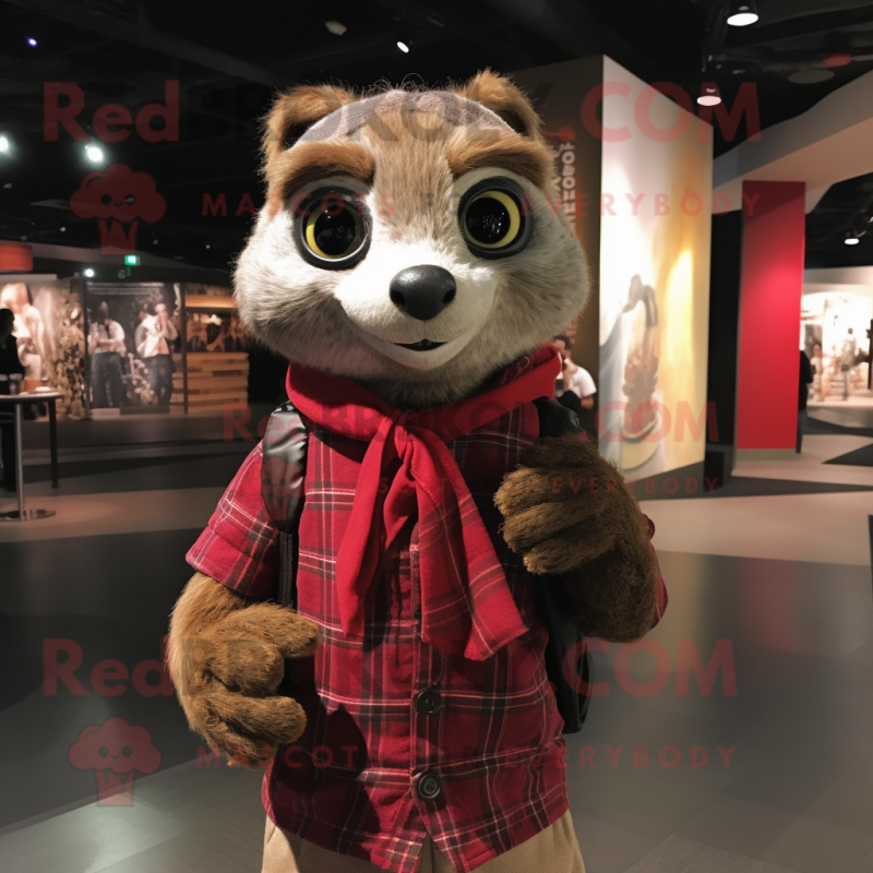 Maroon Meerkat mascot costume character dressed with a Flannel Shirt and Scarf clips