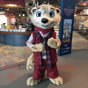 Maroon Meerkat mascot costume character dressed with a Flannel Shirt and Scarf clips