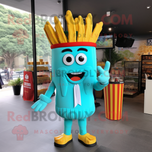 Turquoise French Fries mascot costume character dressed with a Suit and Headbands