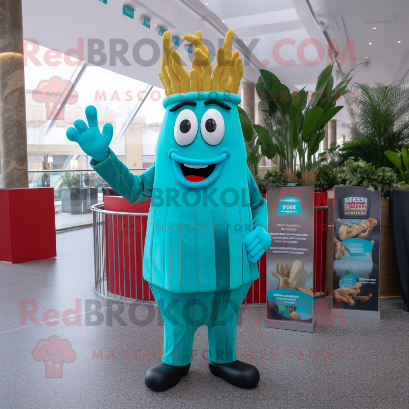Turquoise French Fries mascot costume character dressed with a Suit and Headbands Turquoise French Fries mascot costume character dressed with a Suit and Headbands