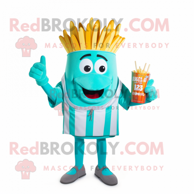 Turquoise French Fries mascot costume character dressed with a Suit and Headbands Turquoise French Fries mascot costume character dressed with a Suit and Headbands