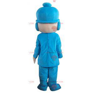 Mascotte de garçon en tenue bleue avec un bonnet -