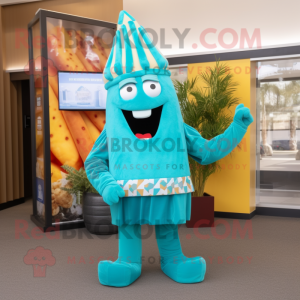 Turquoise French Fries mascot costume character dressed with a Suit and Headbands