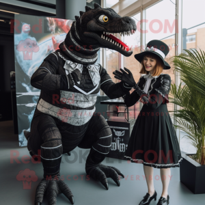 Black Spinosaurus mascot costume character dressed with a Midi Dress and Ties