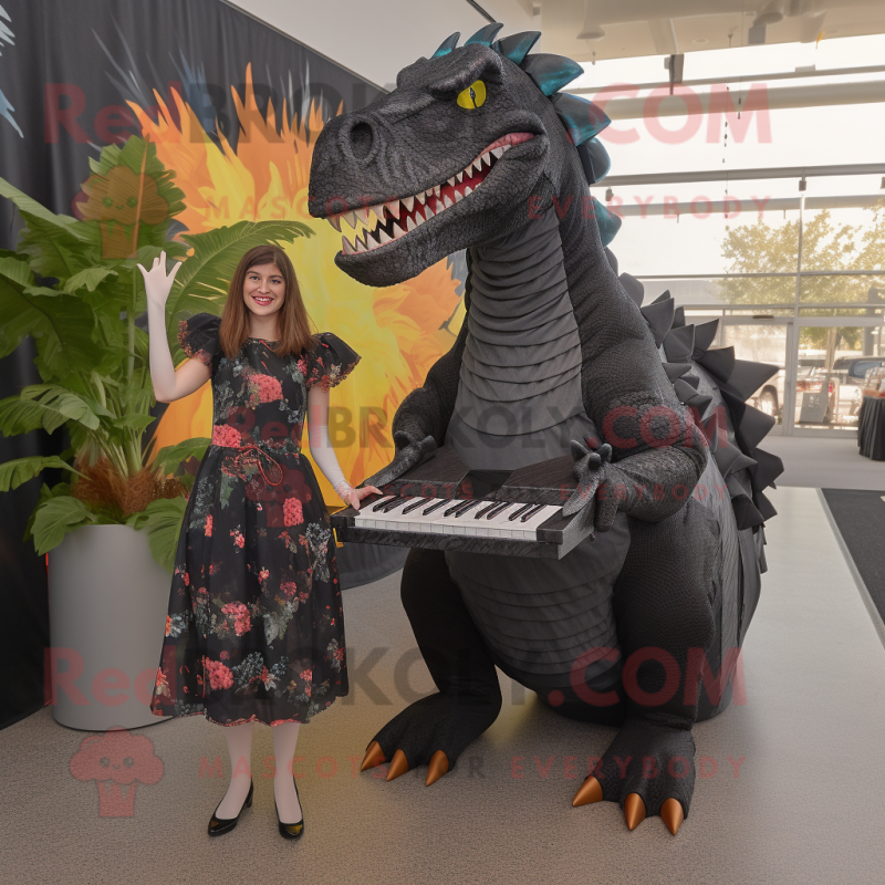 Black Spinosaurus mascot costume character dressed with a Midi Dress and Ties