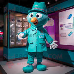 Teal Love Letter mascot costume character dressed with a Windbreaker and Cufflinks