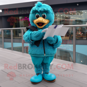 Teal Love Letter mascot costume character dressed with a Windbreaker and Cufflinks