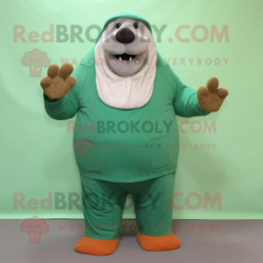 Forest Green Walrus mascot costume character dressed with a Shorts and Gloves