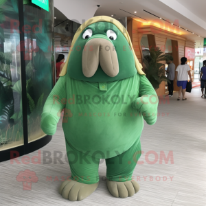 Forest Green Walrus mascot costume character dressed with a Shorts and Gloves