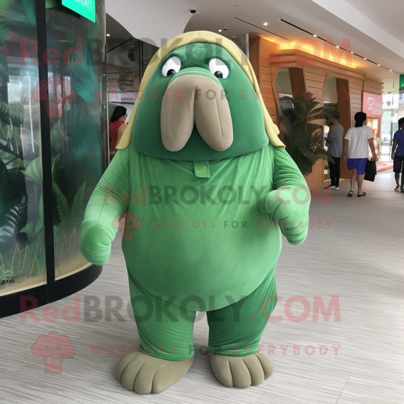 Forest Green Walrus mascot costume character dressed with a Shorts and Gloves