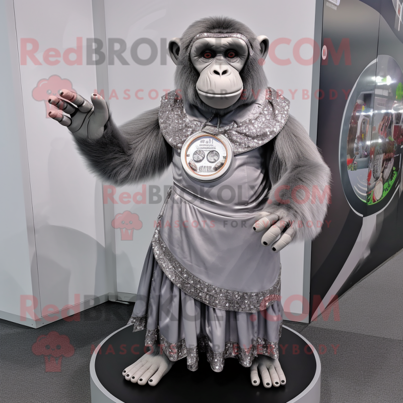 Silver Chimpanzee mascot costume character dressed with a Circle Skirt and Rings Silver Chimpanzee mascot costume character dressed with a Circle Skirt and Rings