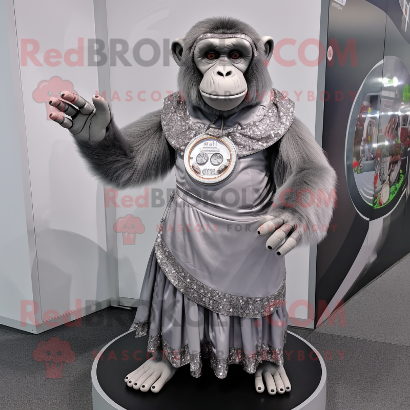 Silver Chimpanzee mascot costume character dressed with a Circle Skirt and Rings