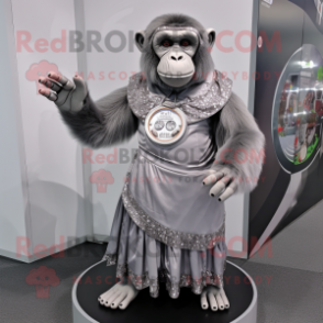 Silver Chimpanzee mascot costume character dressed with a Circle Skirt and Rings