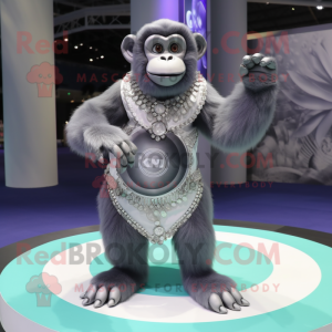Silver Chimpanzee mascot costume character dressed with a Circle Skirt and Rings