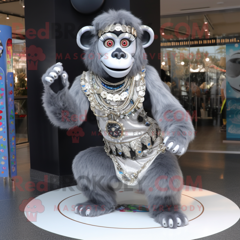 Silver Chimpanzee mascot costume character dressed with a Circle Skirt and Rings