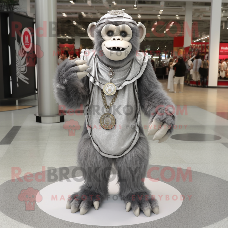 Silver Chimpanzee mascot costume character dressed with a Circle Skirt and Rings