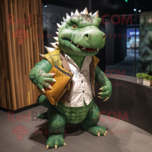 Green Ankylosaurus mascot costume character dressed with a Jacket and Wallets