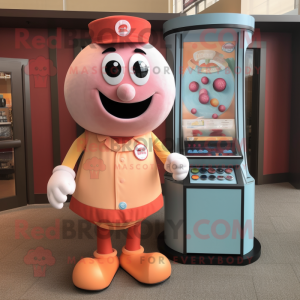 Peach Gumball Machine mascot costume character dressed with a Henley Tee and Wallets