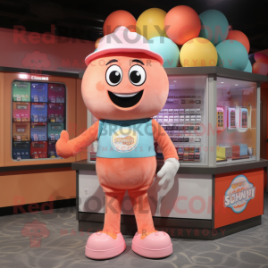 Peach Gumball Machine mascot costume character dressed with a Henley Tee and Wallets