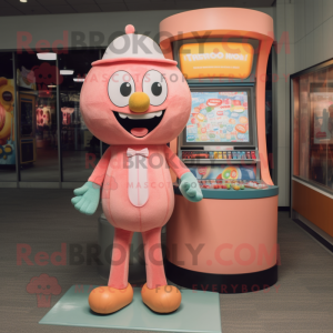 Peach Gumball Machine mascot costume character dressed with a Henley Tee and Wallets