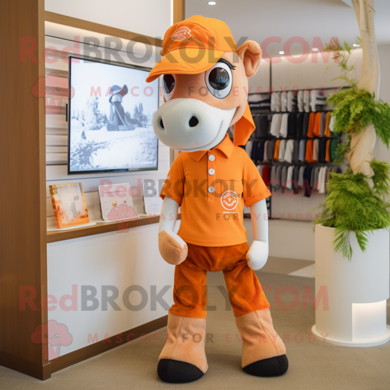 Orange Mare mascot costume character dressed with a Polo Shirt and Headbands Orange Mare mascot costume character dressed with a Polo Shirt and Headbands